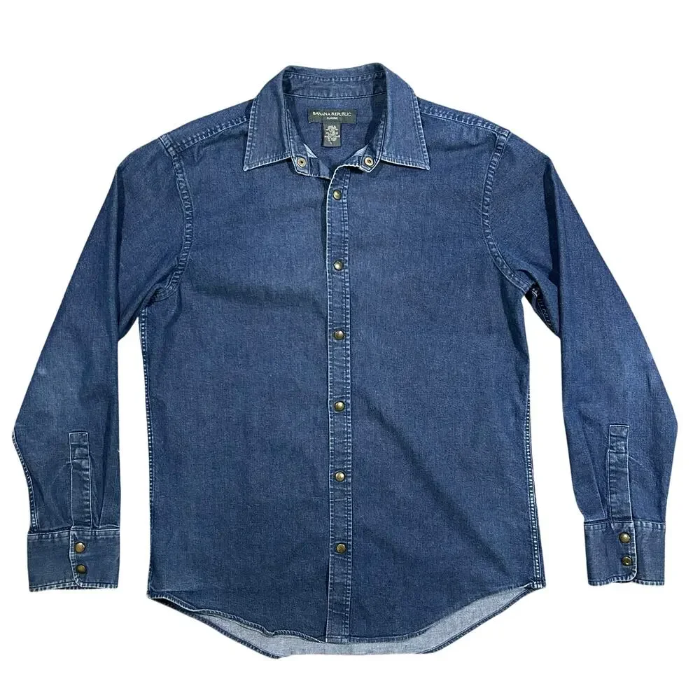 Vintage Banana Republic Denim Shirt Mens Large Snap Button Dark Blue Wash Safari